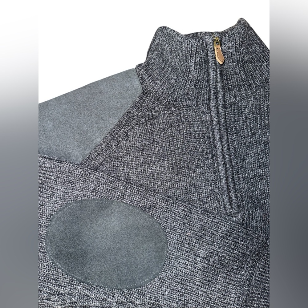 WoolOvers British wool quarter-zip sweater suede shoulder elbow patches Large